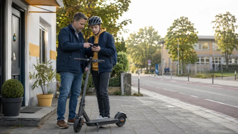 Vater und Jugendlicher mit Helm am E-Scooter vor einer Schule, gemeinsam am Smartphone