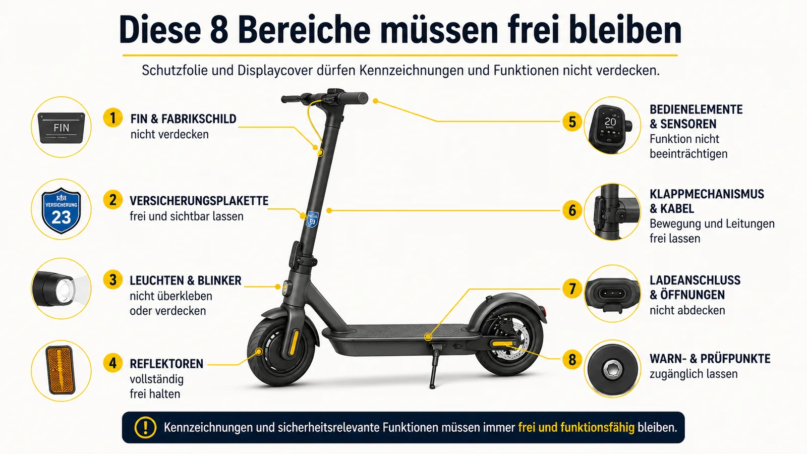 Acht Bereiche eines E-Scooters, die nicht durch Schutzfolie oder Displaycover verdeckt werden dürfen
