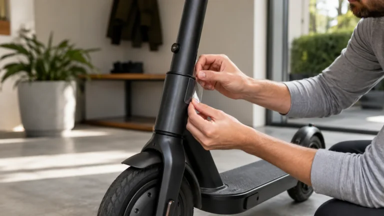 Person bringt transparente Schutzfolie an einer Kontaktstelle der Lenksäule eines E-Scooters an