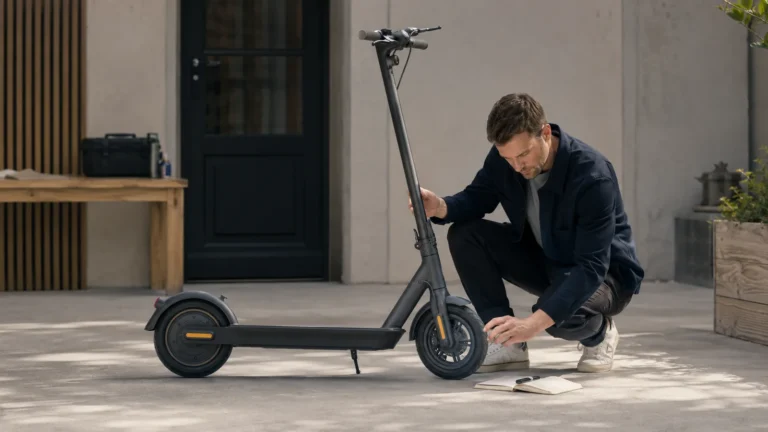 Mann prüft kniend das Vorderrad seines E-Scooters vor einem Haus