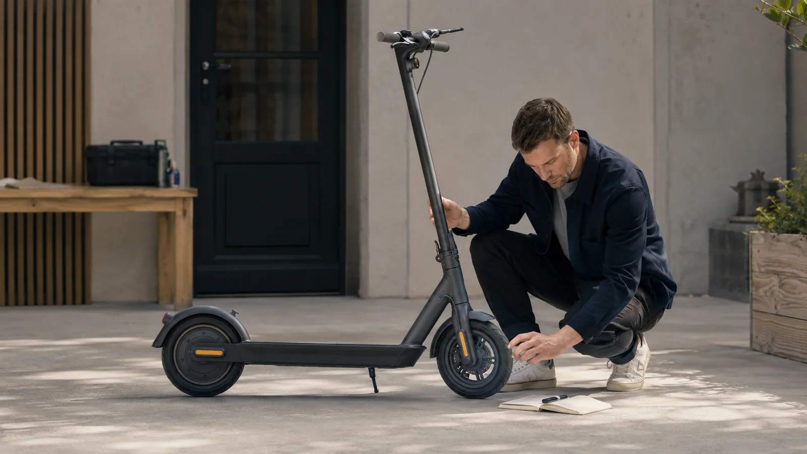 Mann prüft kniend das Vorderrad seines E-Scooters vor einem Haus