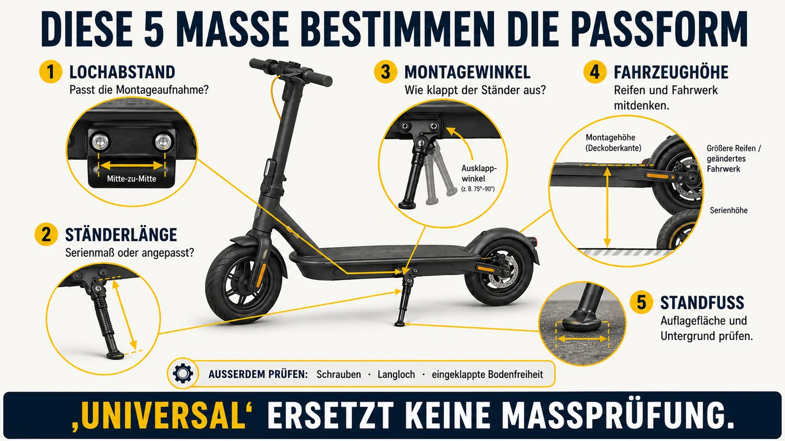 Die fünf Maße, die die Passform eines E-Scooter-Seitenständers bestimmen
