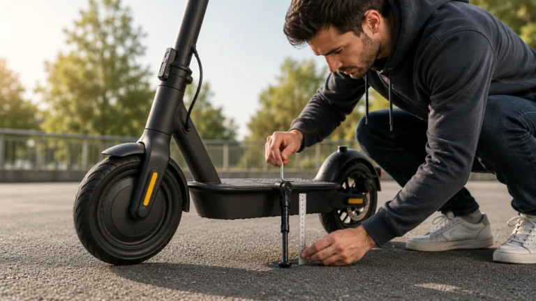 Person prüft mit einem Maßstab die Länge des Seitenständers an einem leicht geneigten E-Scooter
