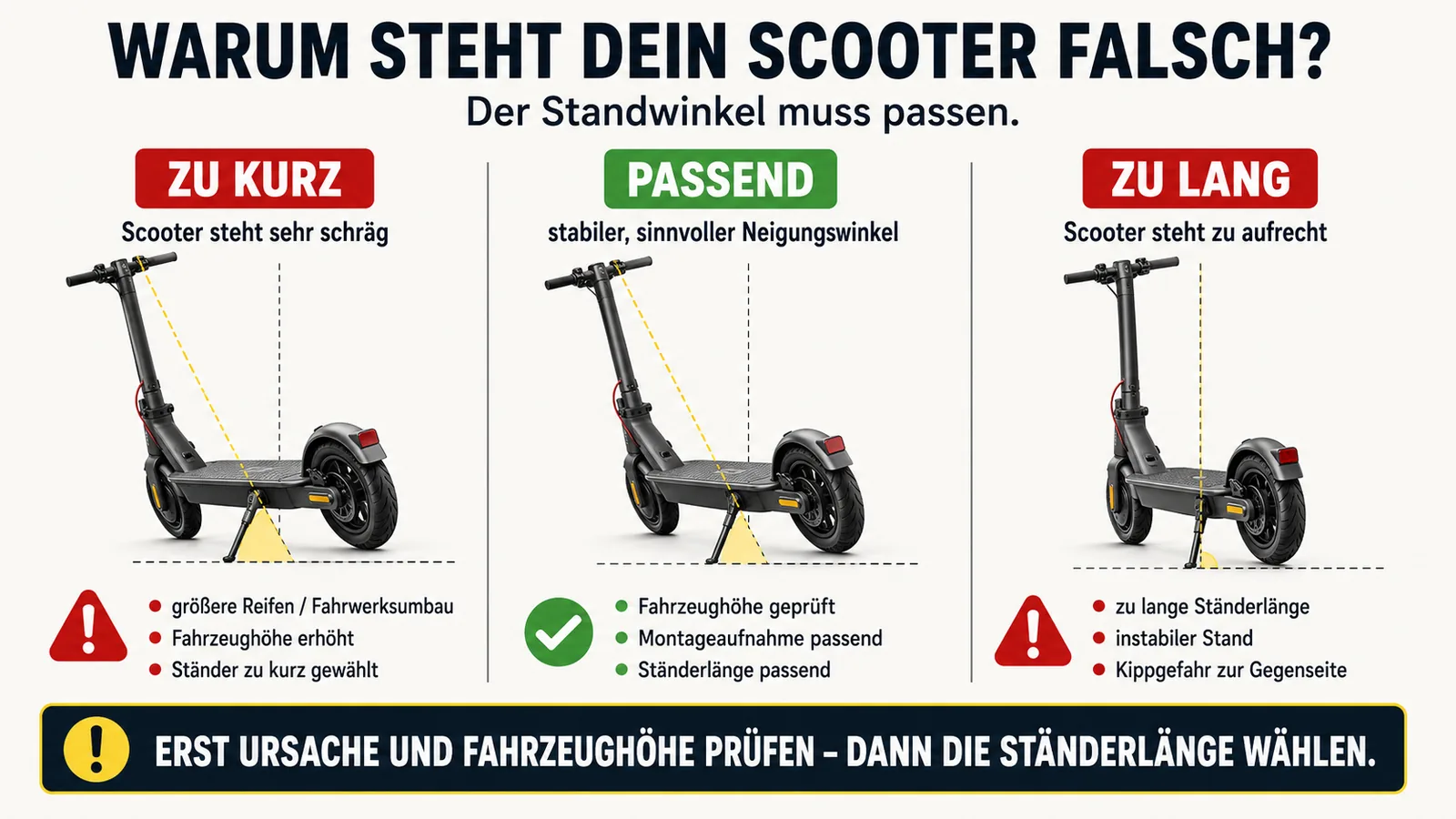 Vergleich von zu kurzem, passendem und zu langem Seitenständer und dem jeweiligen Standwinkel