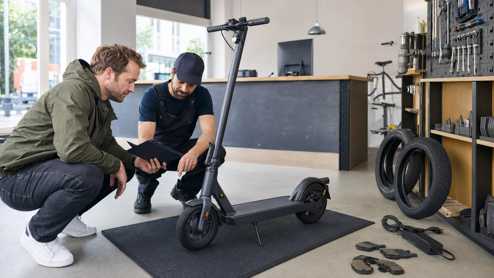 Kunde und Mechaniker begutachten einen E-Scooter in einer Werkstatt mit Ersatzreifen