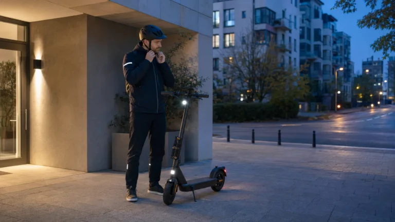 Person schließt am Abend neben ihrem beleuchteten E-Scooter den Helm
