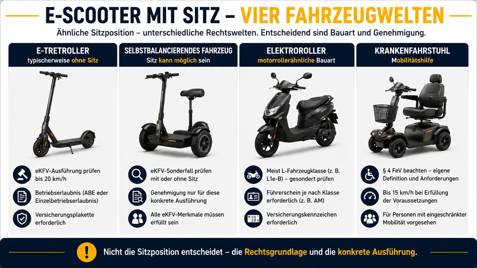 Vier Fahrzeugwelten im Vergleich: E-Tretroller, selbstbalancierendes Fahrzeug, Elektroroller und Krankenfahrstuhl