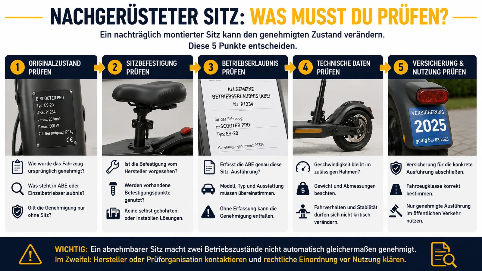 Fünf Prüfschritte für einen nachgerüsteten Sitz am E-Scooter: Originalzustand, Sitzbefestigung, Betriebserlaubnis, technische Daten sowie Versicherung und Nutzung