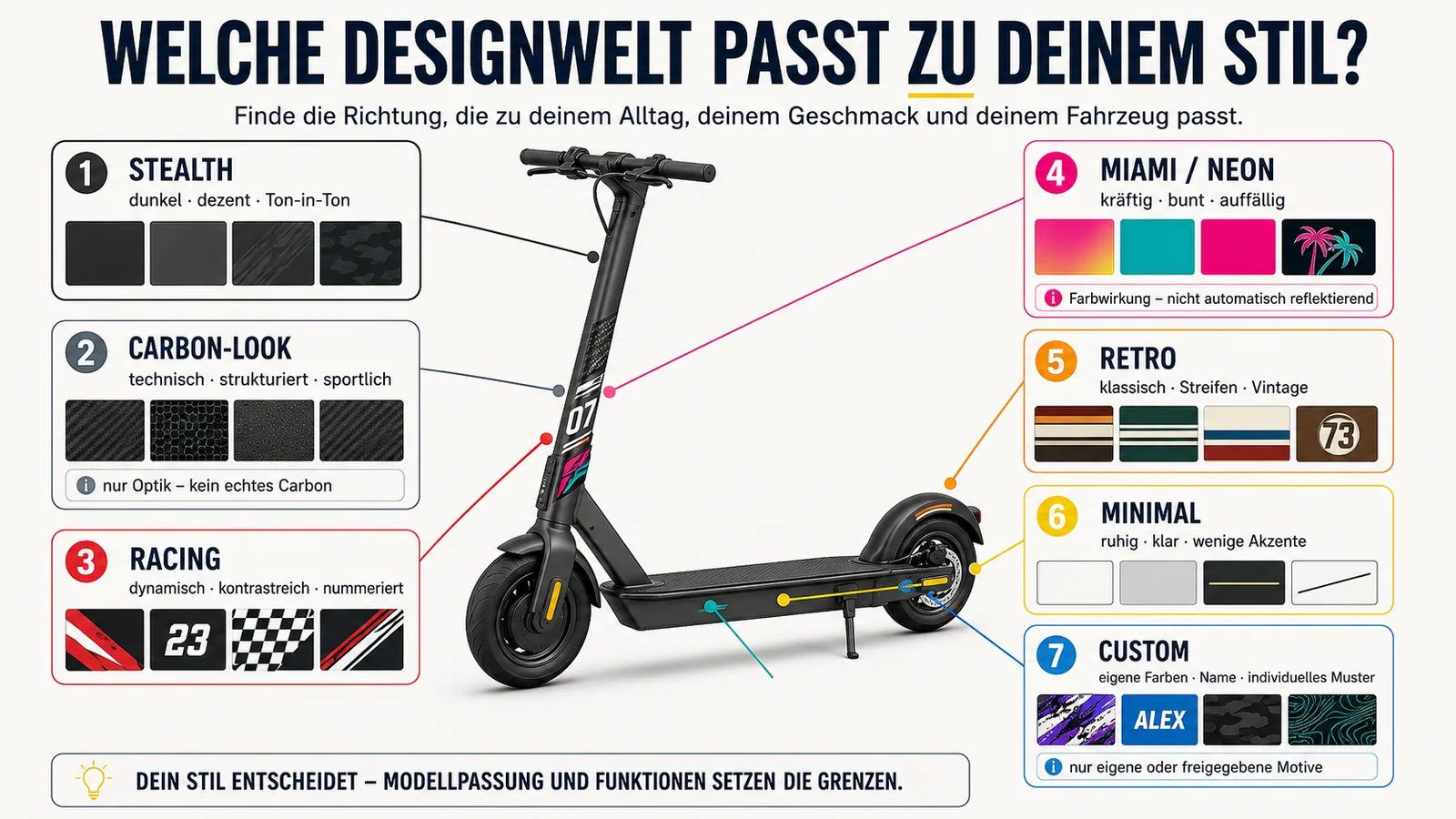 Sieben Designwelten für E-Scooter-Skins von Stealth und Carbon bis Racing, Miami, Retro, Minimal und Custom