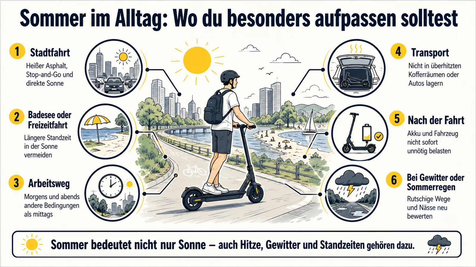 E-Scooter im Sommer-Alltag bei Stadtfahrt, Badesee, Arbeitsweg, Transport und Gewitter