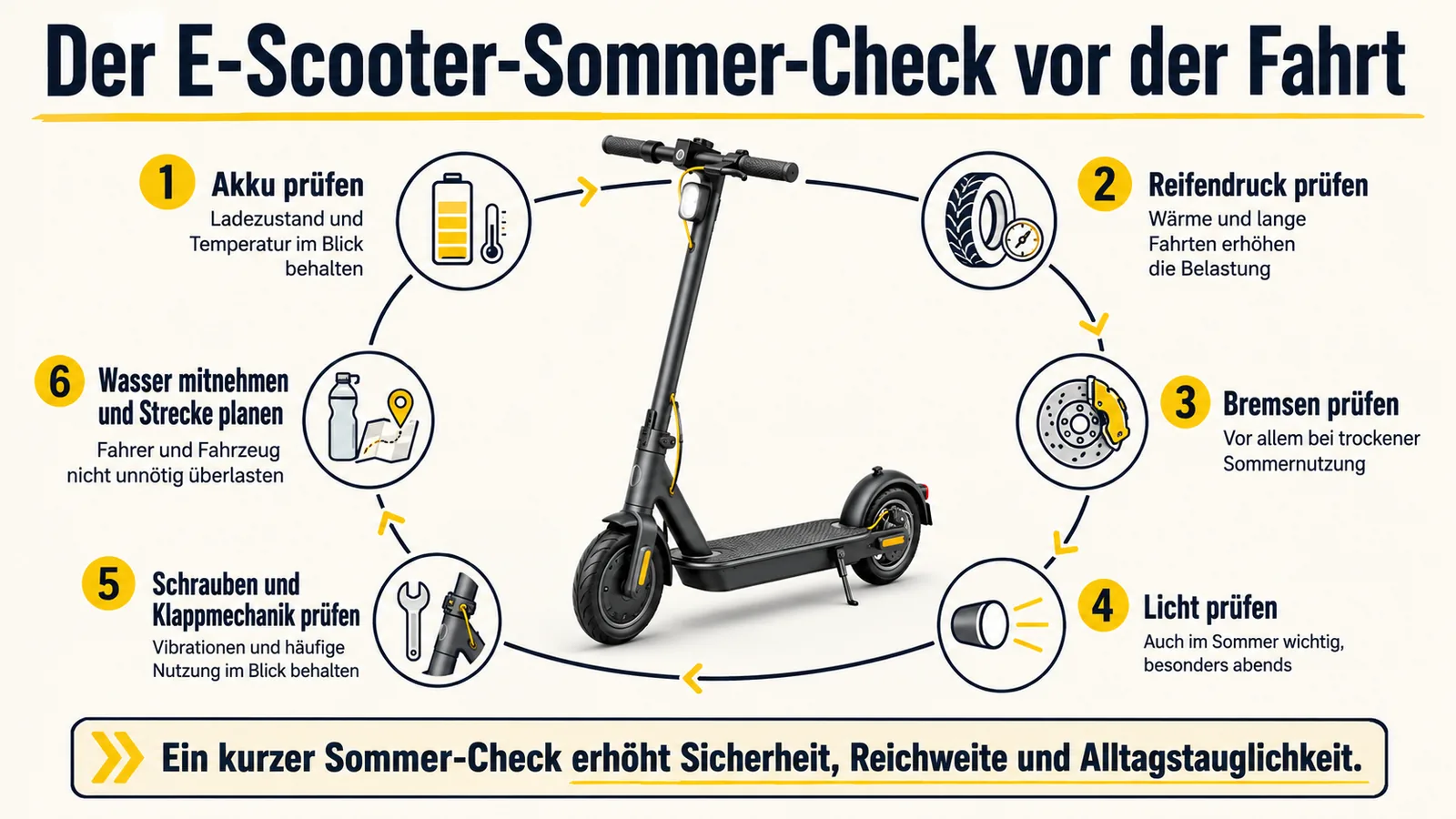 Sommer-Check für den E-Scooter mit Akku, Reifendruck, Bremsen, Licht, Schrauben und Wasserschutz