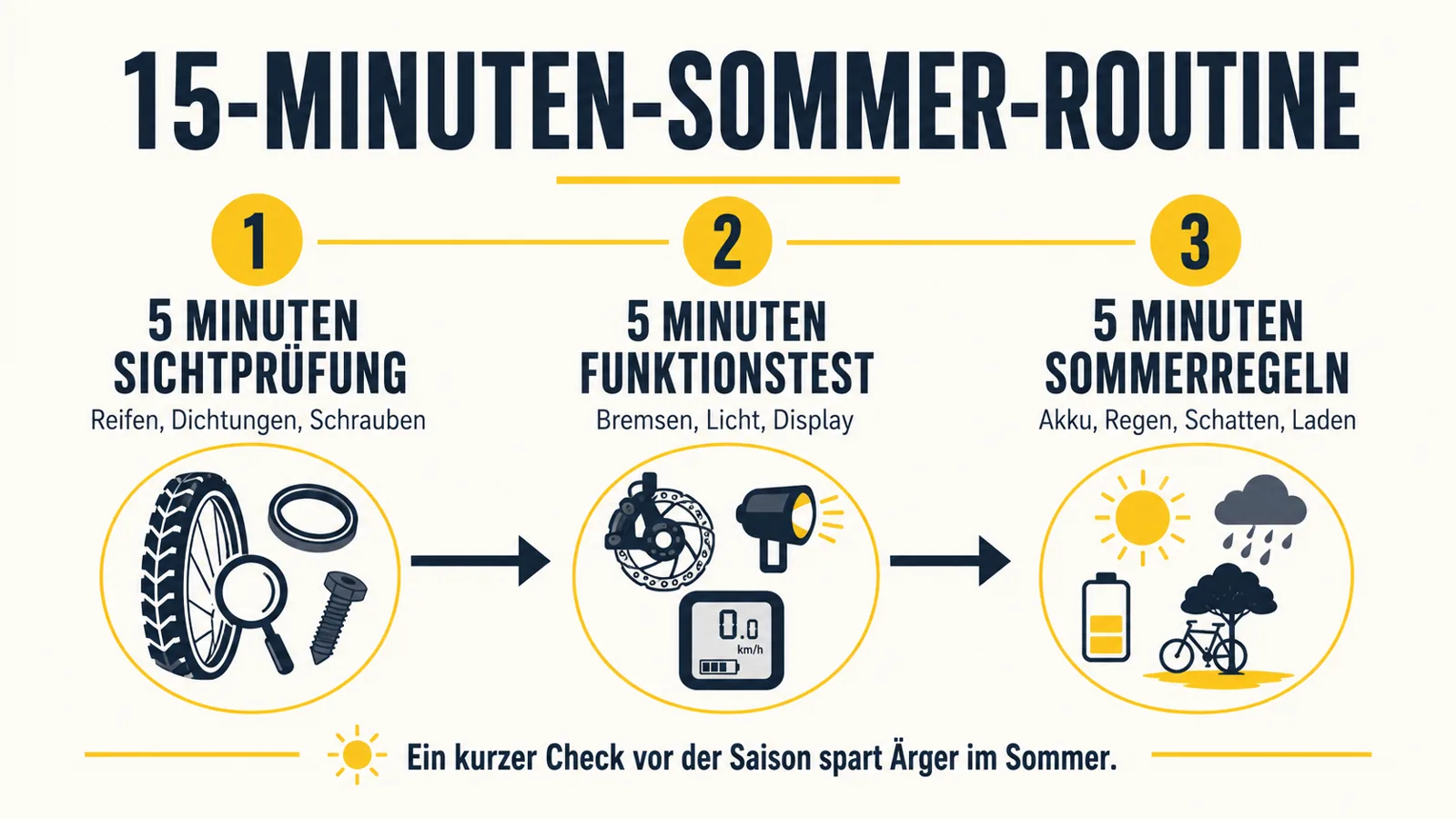 Infografik zur 15-Minuten-Routine für den E-Scooter Sommer Check