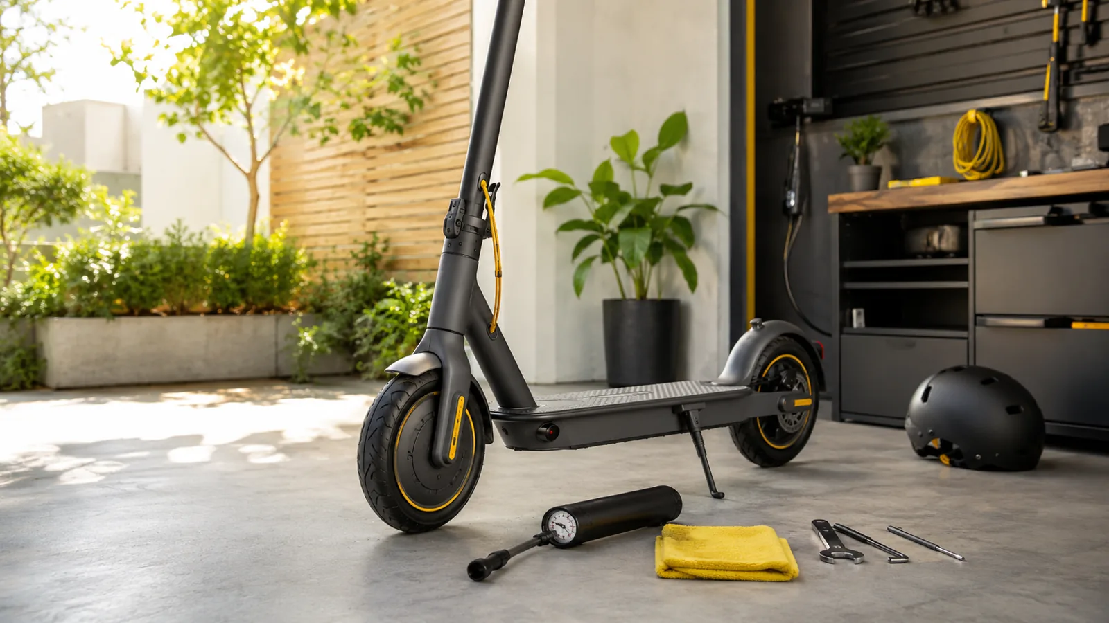E-Scooter wird in heller Garage für den Sommer geprüft
