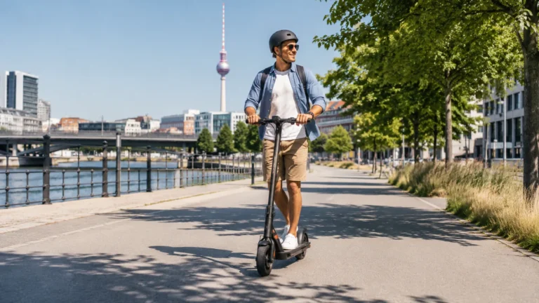 Mann mit Helm fährt an einem sonnigen Sommertag mit dem E-Scooter an der Uferpromenade in Berlin