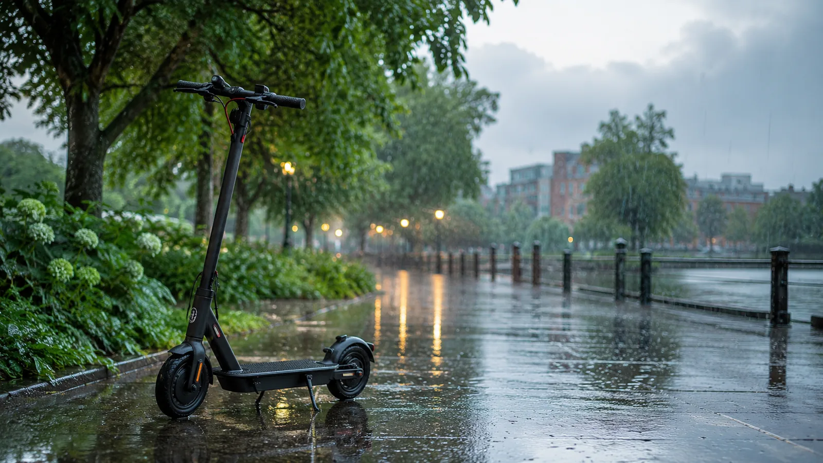 E-Scooter im Regen an nasser Uferpromenade geparkt