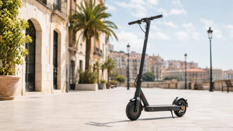 Schwarzer E-Scooter auf einer sonnigen spanischen Promenade mit Palmen