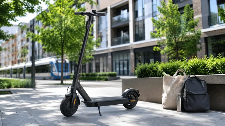 E-Scooter mit Tasche und Rucksack in der Stadt, im Hintergrund eine Straßenbahn