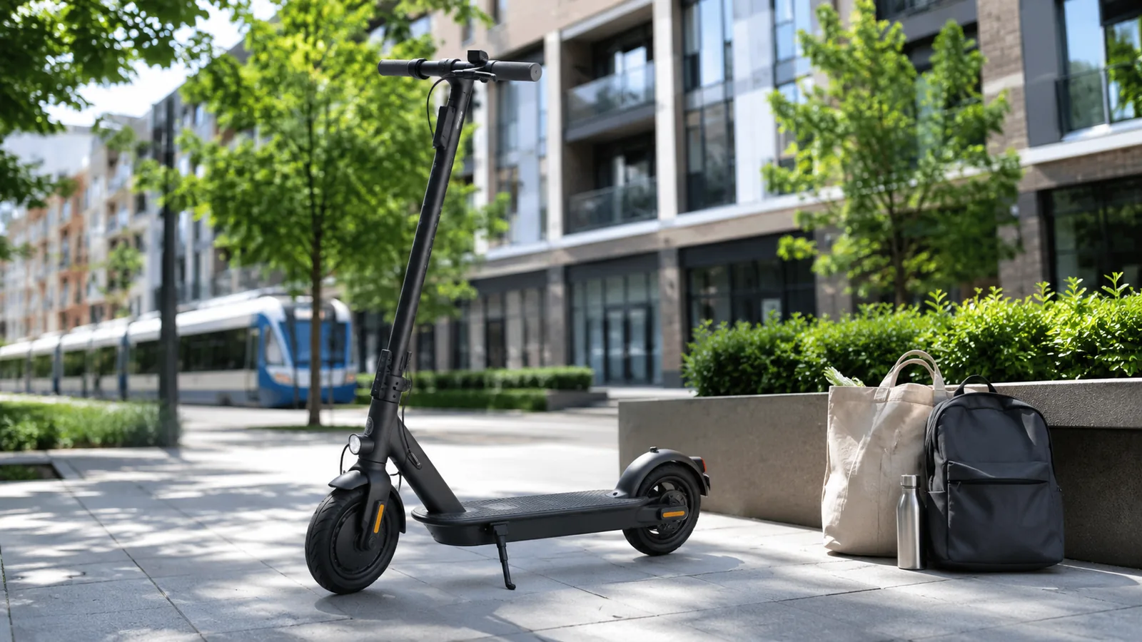 E-Scooter mit Tasche und Rucksack in der Stadt, im Hintergrund eine Straßenbahn
