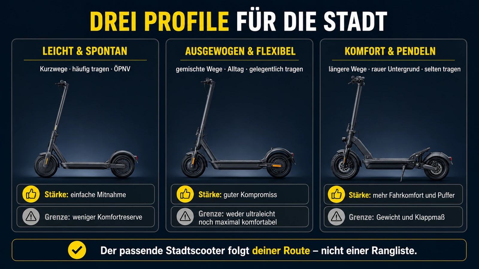 Infografik: drei Stadtscooter-Profile – leicht und spontan, ausgewogen und flexibel, Komfort und Pendeln