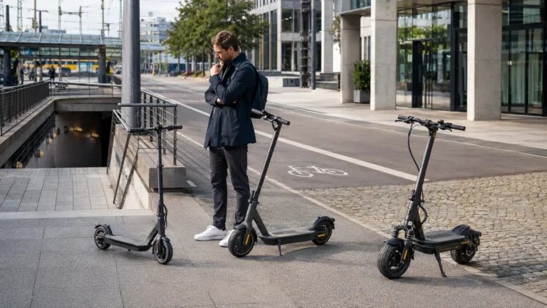 Mann betrachtet drei nebeneinander aufgestellte E-Scooter in der Stadt