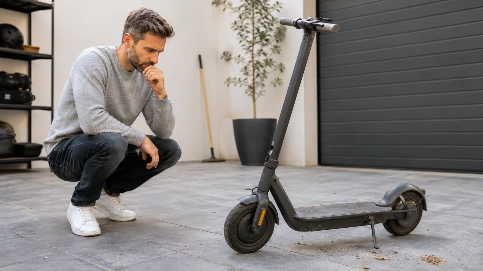 Mann betrachtet nachdenklich einen verstaubten E-Scooter, der lange in der Garage stand