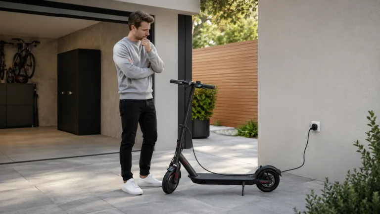 Mann steht nachdenklich neben ladendem E-Scooter an der Steckdose