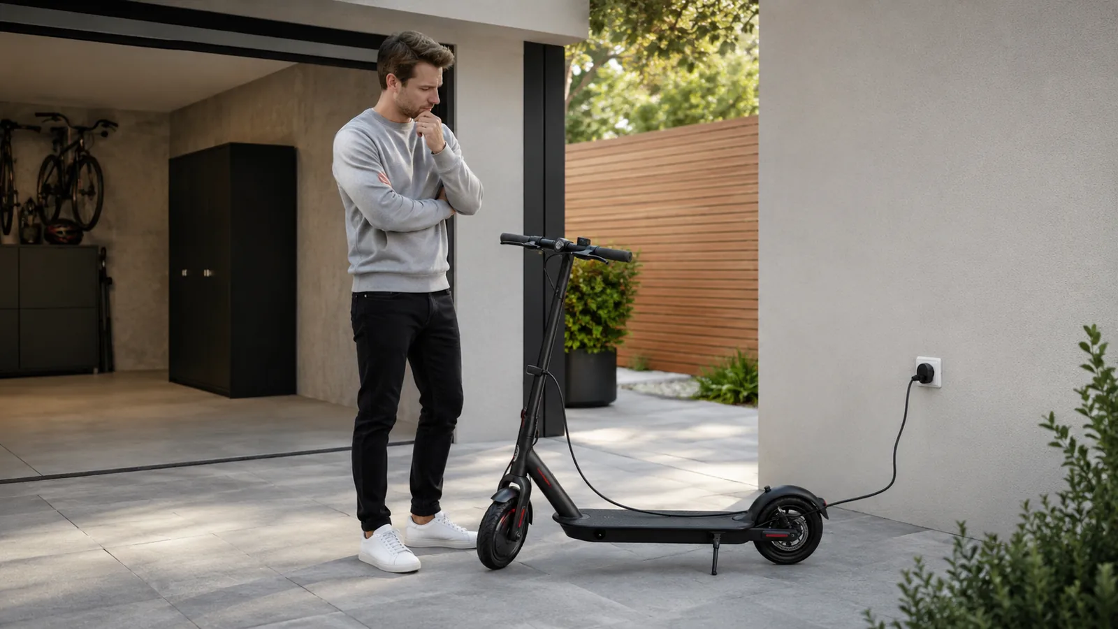 Mann steht nachdenklich neben ladendem E-Scooter an der Steckdose