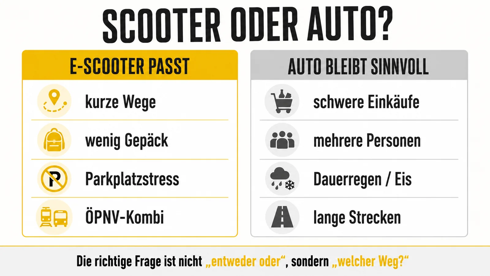 Infografik zur Entscheidung, wann E-Scooter oder Auto sinnvoller ist