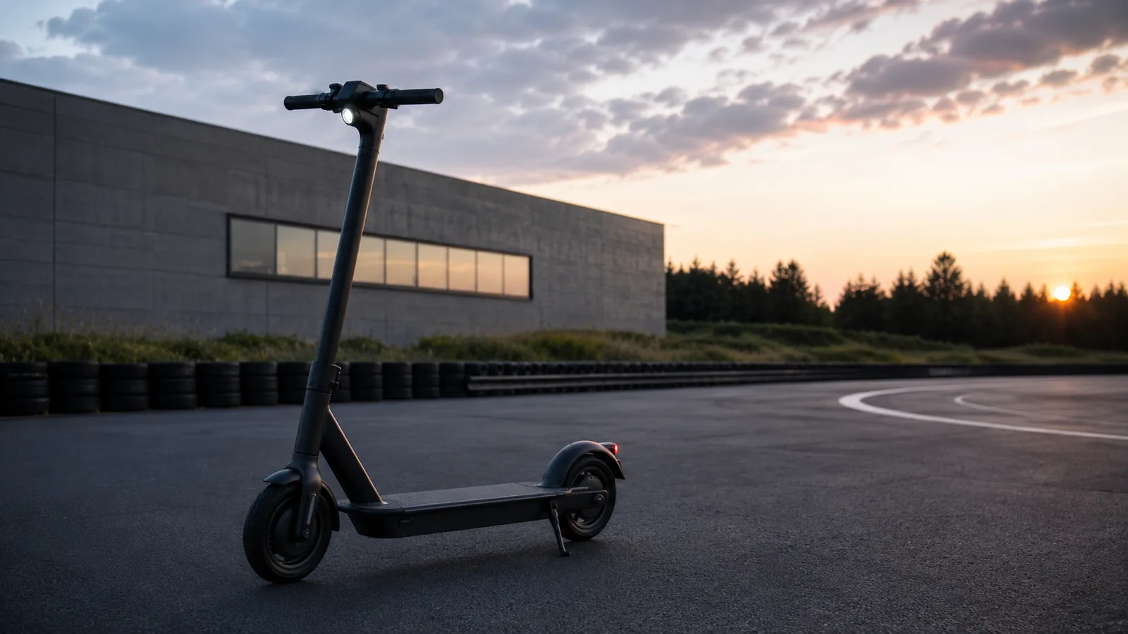 Dezent schwarzer E-Scooter auf privater Testfläche in Abendstimmung bei Sonnenuntergang