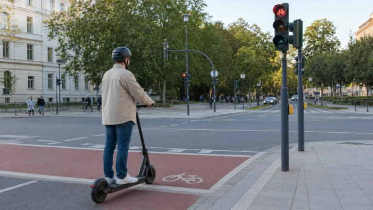 Fahrer mit Helm hält auf einem E-Scooter an einer Ampel in der Stadt