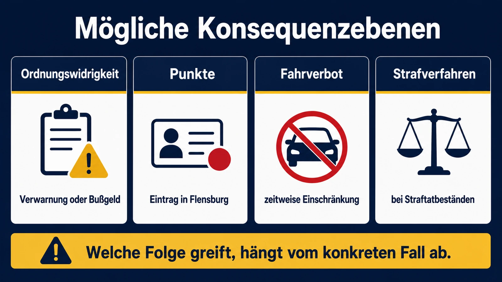 Infografik: mögliche Konsequenzebenen bei E-Scooter-Verstößen – Ordnungswidrigkeit, Punkte, Fahrverbot, Strafverfahren