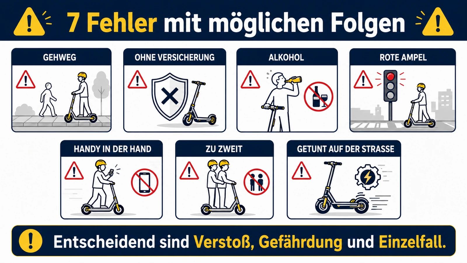 Infografik: sieben E-Scooter-Fehler mit möglichen Folgen – Gehweg, ohne Versicherung, Alkohol, rote Ampel, Handy, zu zweit, getunt auf der Straße