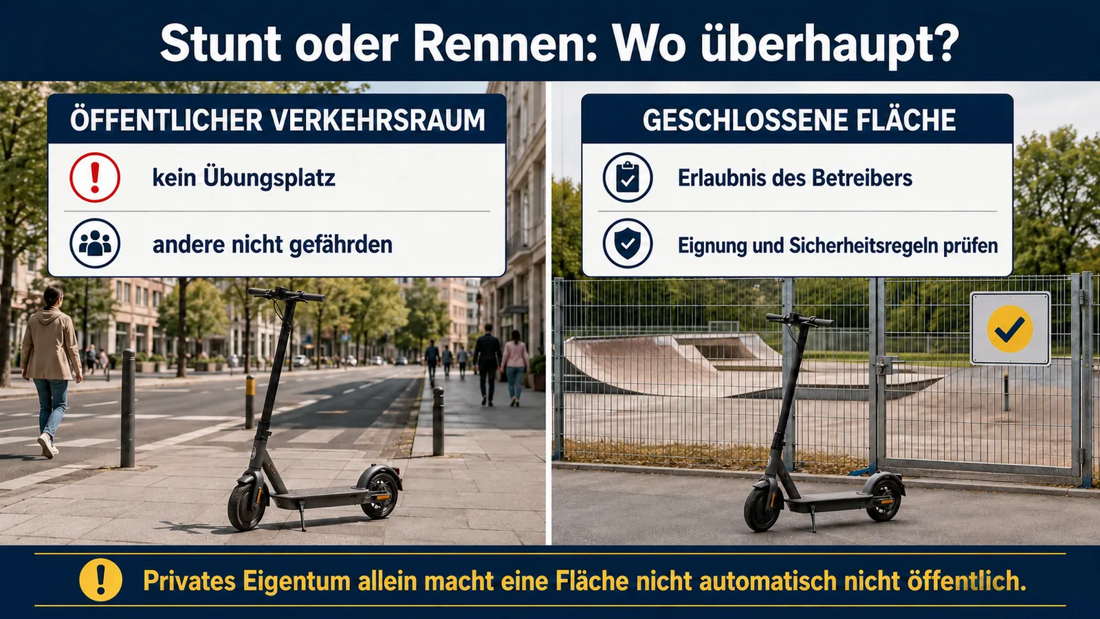 Infografik Stunt oder Rennen mit E-Scooter: öffentlicher Verkehrsraum gegen geschlossene Fläche