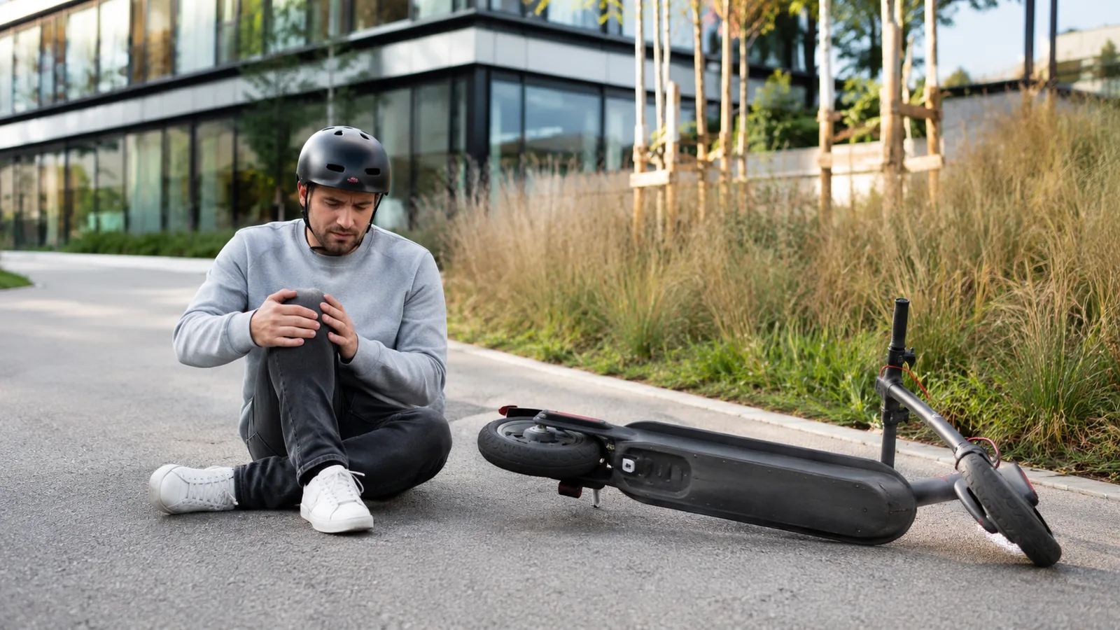 Mann mit Helm sitzt nach Sturz auf der Straße und hält sein Knie, umgekippter E-Scooter daneben
