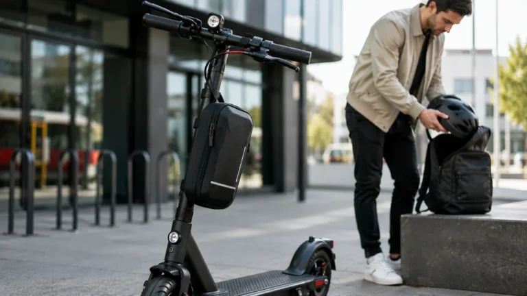 Moderner E-Scooter mit kompakter Tasche an der Lenksäule in einer realistischen Pendler-Situation