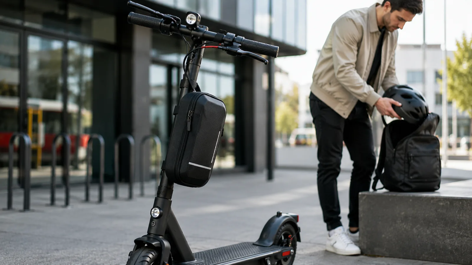 Moderner E-Scooter mit kompakter Tasche an der Lenksäule in einer realistischen Pendler-Situation