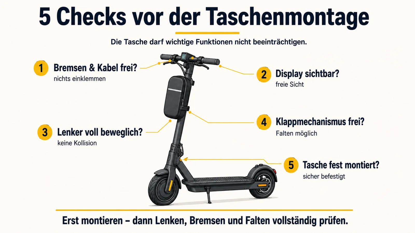 Fünf Prüfpunkte für die sichere Montage einer E-Scooter-Tasche an Lenker oder Lenksäule