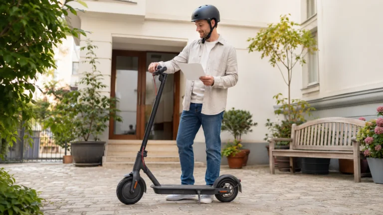 Mann liest neben seinem E-Scooter eine Anleitung in einem Innenhof