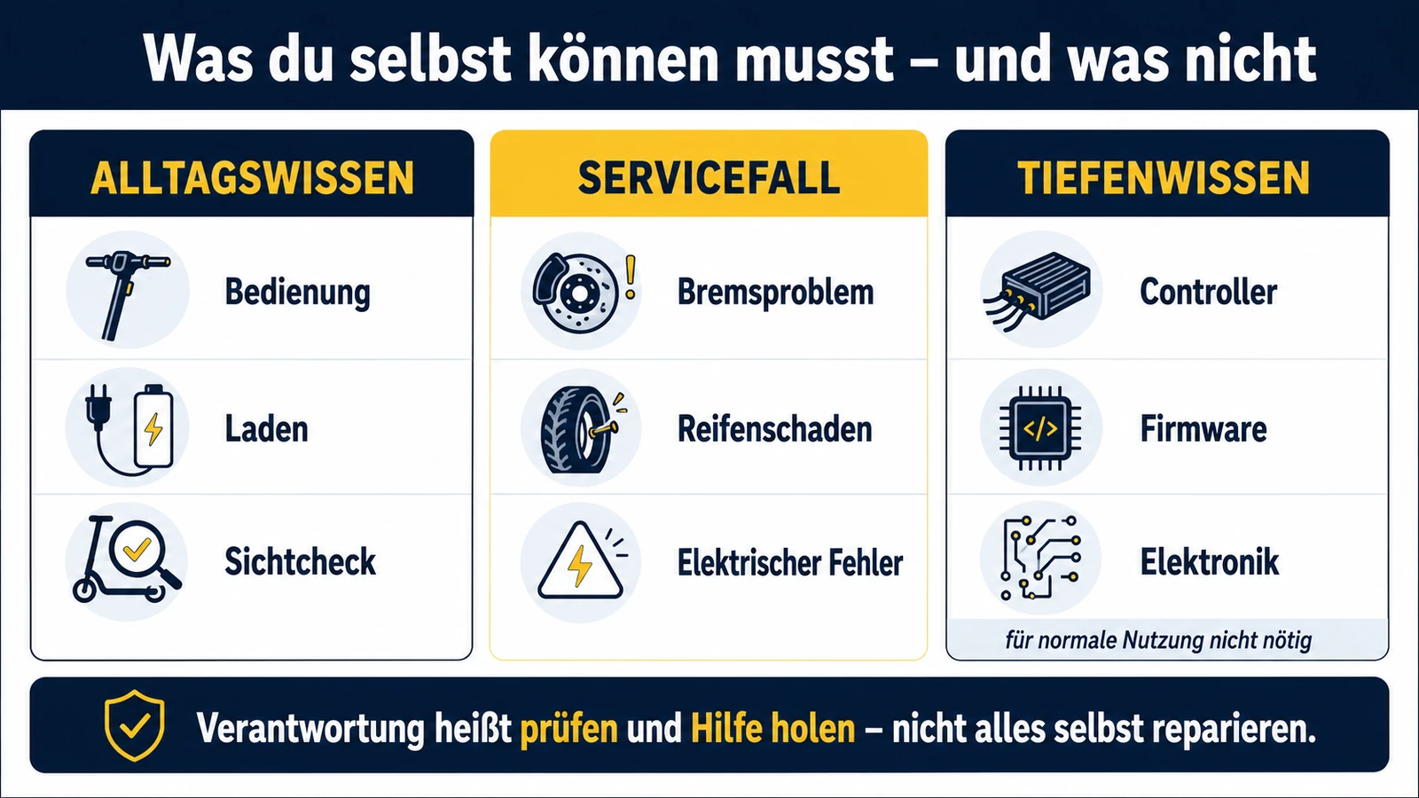 Infografik: was man selbst können muss und was nicht – Alltagswissen, Servicefall, Tiefenwissen wie Controller und Firmware