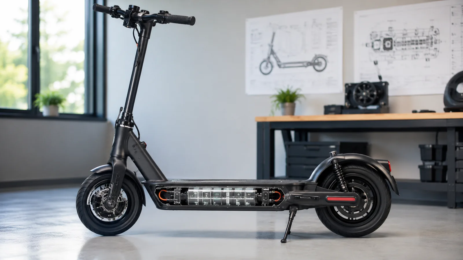 E-Scooter mit sichtbarer Akkuzelle in einer Werkstatt mit technischen Konstruktionsskizzen an der Wand