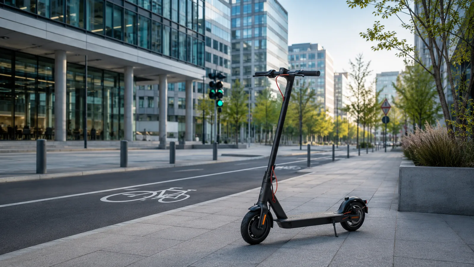 Moderner schwarzer E-Scooter auf städtischem Gehweg neben Radweg und grüner Ampel