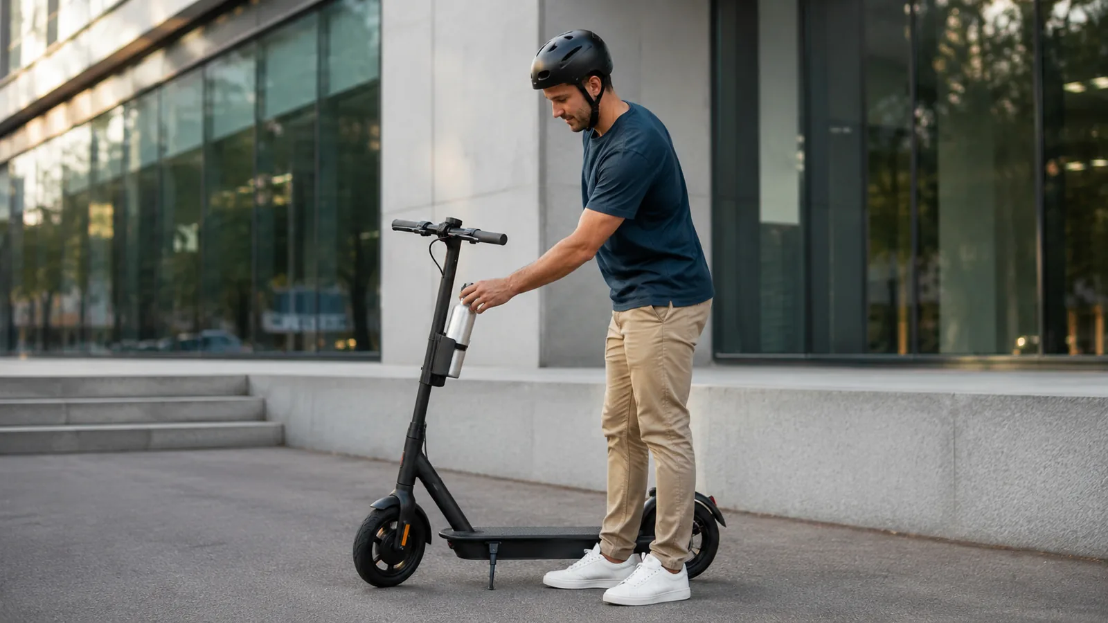 Person setzt eine Trinkflasche in einen Halter an der Lenksäule eines geparkten E-Scooters