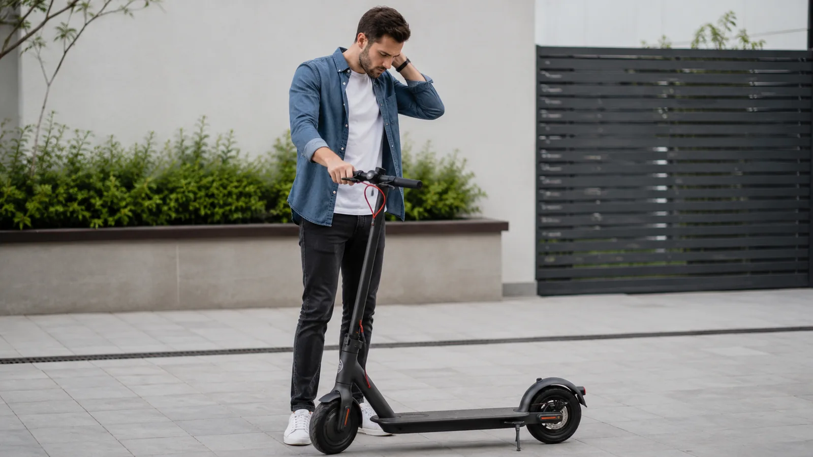 Mann steht nachdenklich am Lenker eines schwarzen E-Scooters auf ruhigem Hof und prüft das Gerät