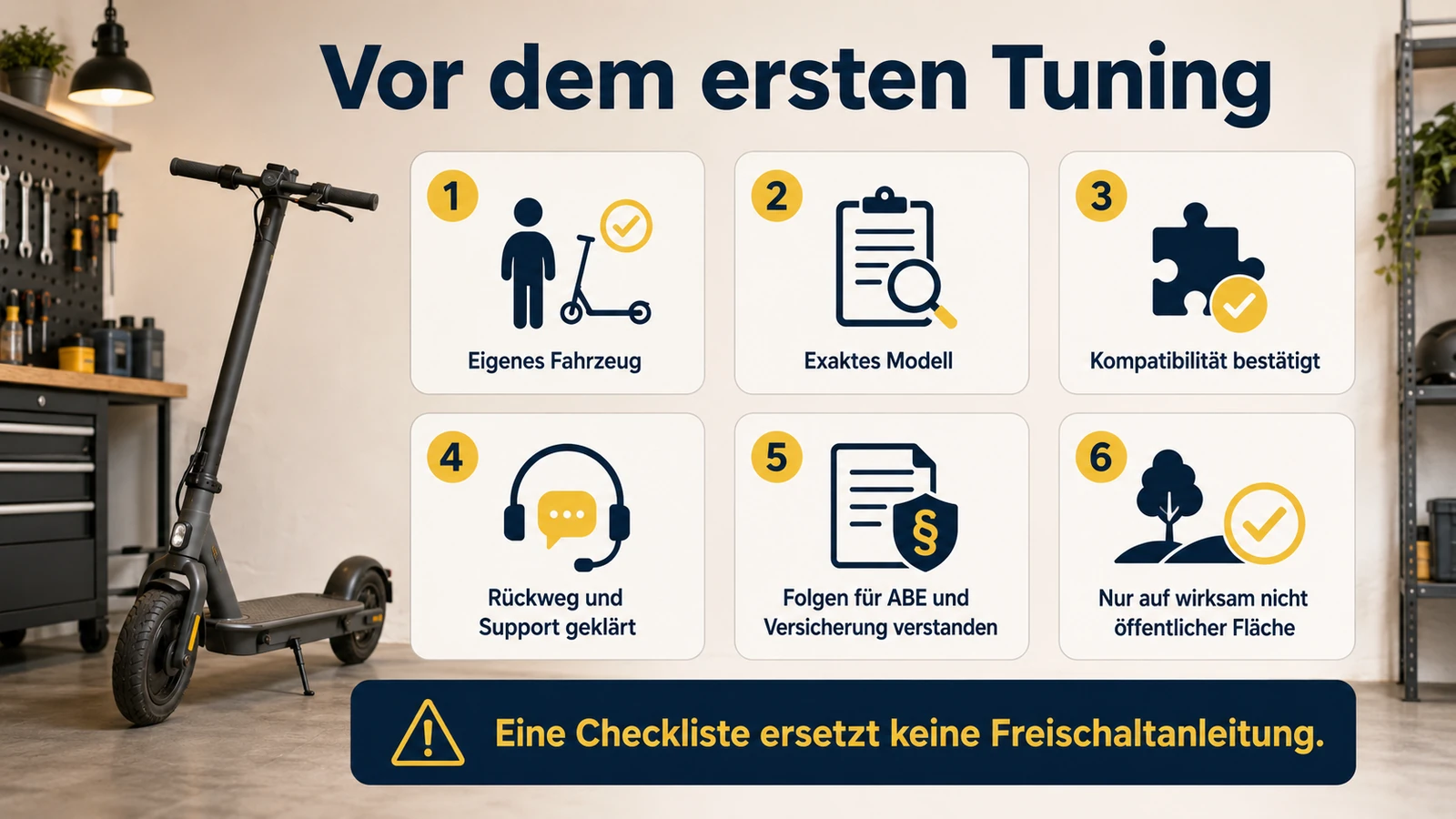 Infografik Anfänger-Checkliste vor dem ersten E-Scooter-Tuning
