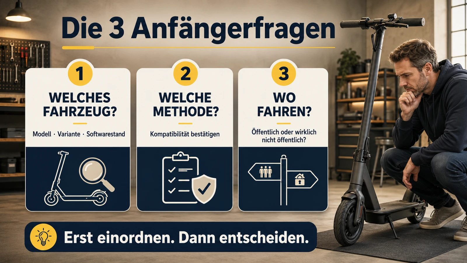Infografik drei Anfängerfragen vor dem E-Scooter-Tuning
