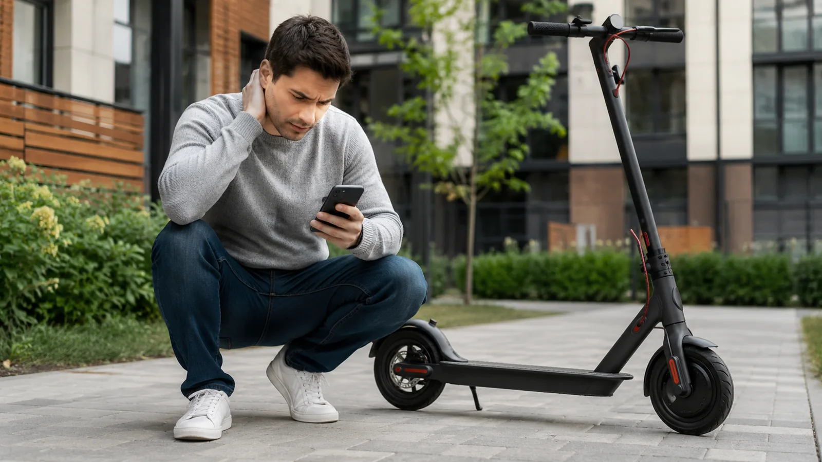 Mann hockt mit besorgtem Blick am Smartphone neben schwarzem E-Scooter, ruhige Problemsituation im Hof