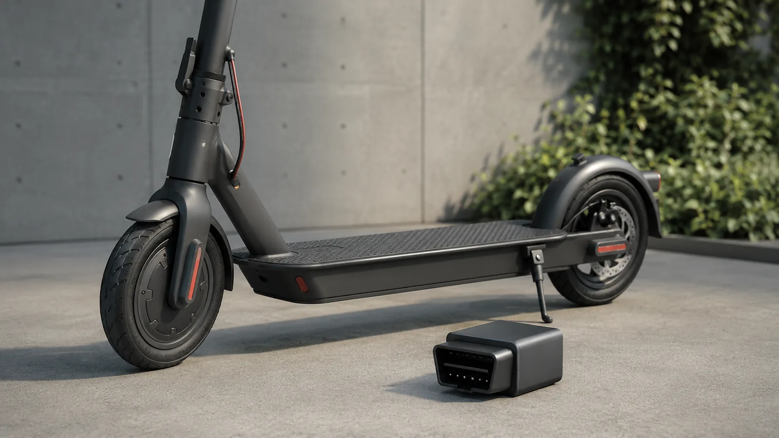E-Scooter von vorne mit kleinem neutralem Plug-Modul auf dem Boden daneben
