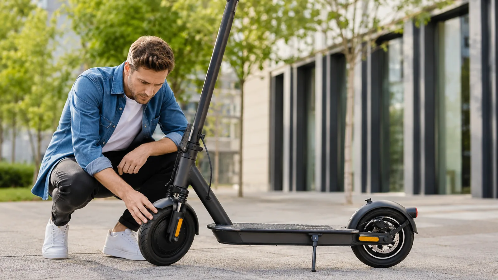 Mann prüft einen E-Scooter im urbanen Umfeld