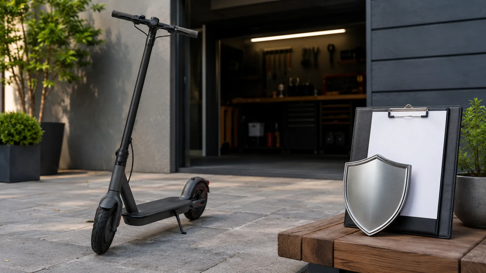 E-Scooter mit Schutzschild und Klemmbrett vor Werkstatt