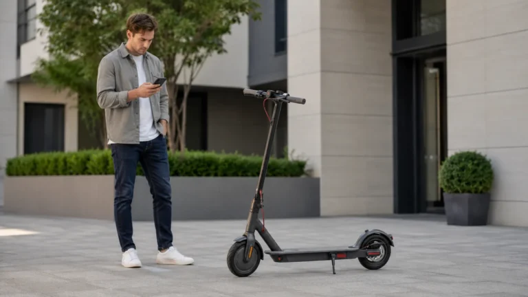 Mann in Freizeitkleidung blickt ruhig aufs Smartphone neben schwarzem E-Scooter auf sauberem urbanem Platz